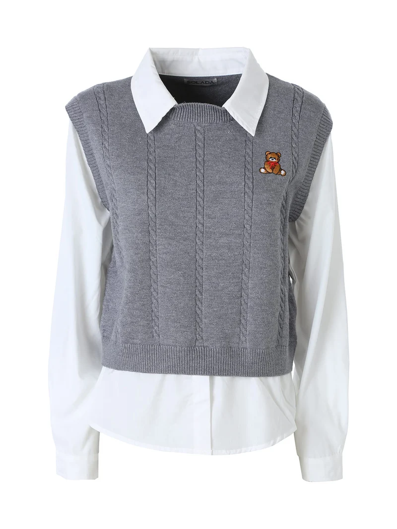 Maglione donna con inserto a camicia - grigio