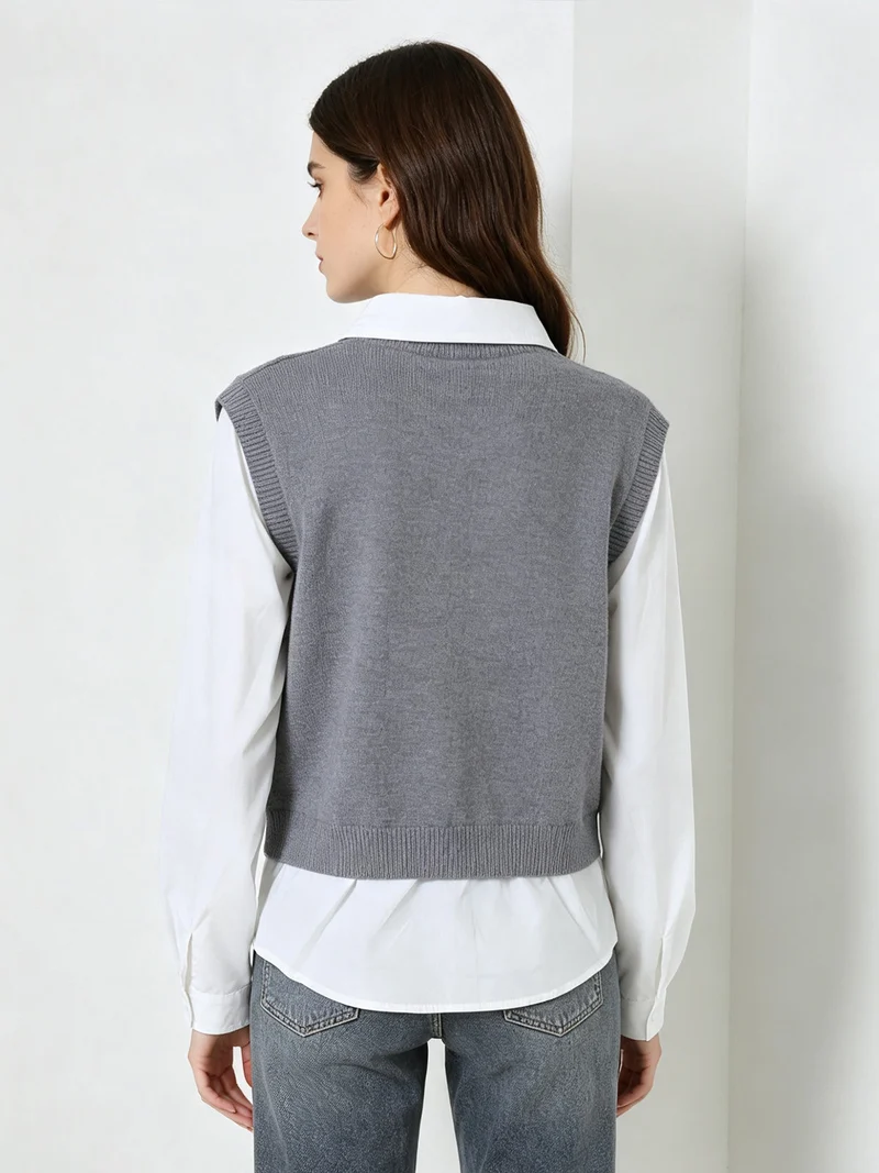 Maglione donna con inserto a camicia - grigio