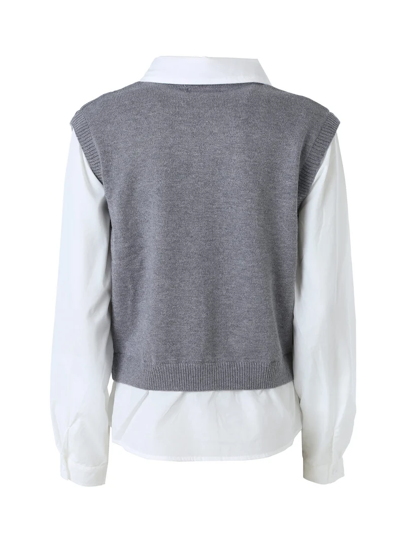 Maglione donna con inserto a camicia - grigio