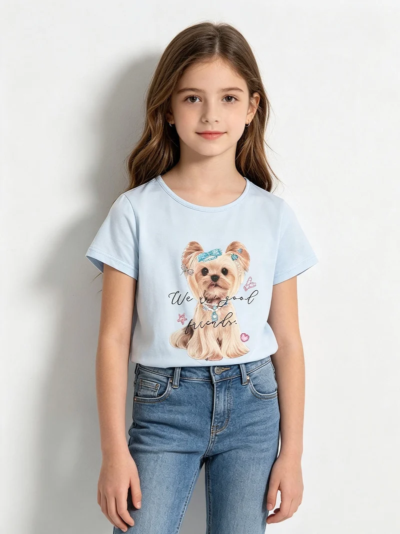 T-shirt da bambina in cotone con stampa disegno e strass - azzurro