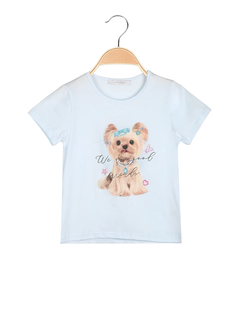 T-shirt da bambina in cotone con stampa disegno e strass - azzurro
