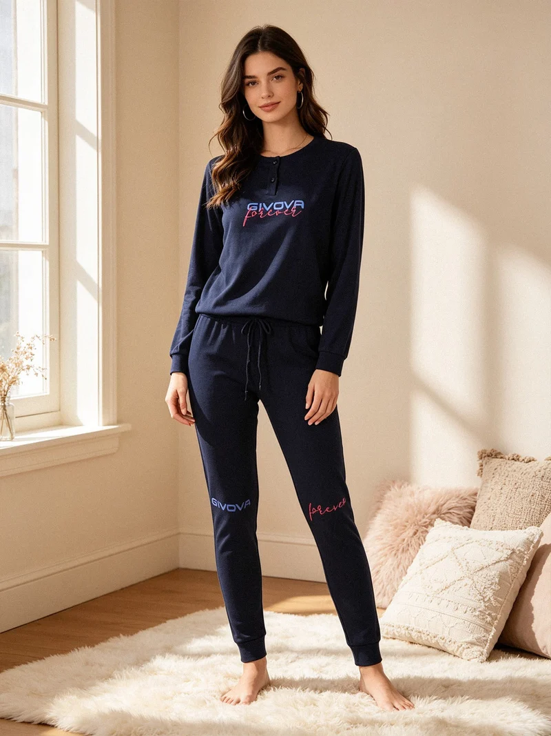 Pigiama donna in cotone interlock con stampa - blu scuro