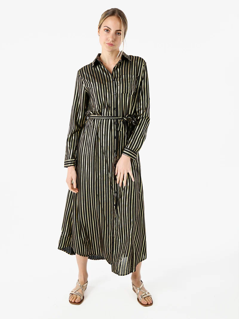 Abito lungo a camicia con maniche lunghe e stampa a righe - nero