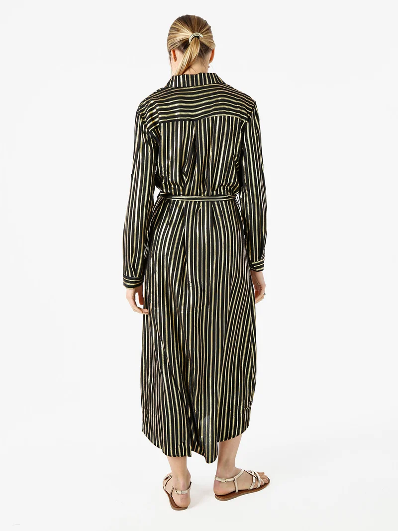 Abito lungo a camicia con maniche lunghe e stampa a righe - nero