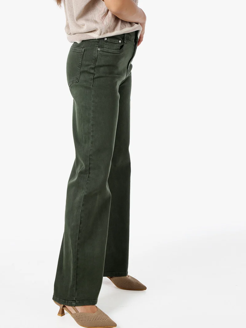 Jeans donna a vita alta con gamba larga - militare