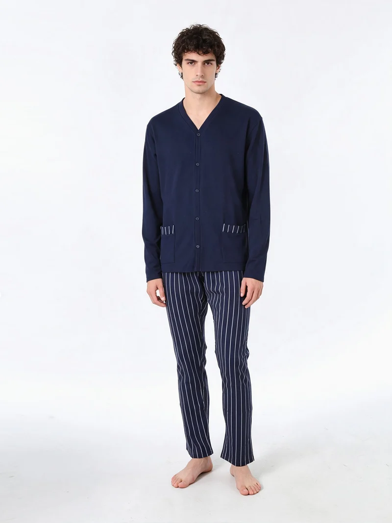 Pigiama da uomo in cotone interlock aperto con bottoni e pantaloni a righe - blu scuro