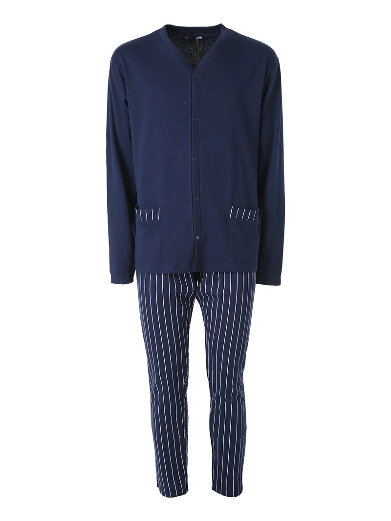 Pigiama da uomo in cotone interlock aperto con bottoni e pantaloni a righe - blu scuro
