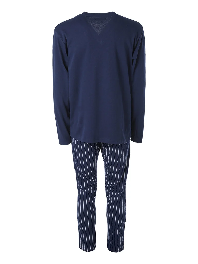 Pigiama da uomo in cotone interlock aperto con bottoni e pantaloni a righe - blu scuro