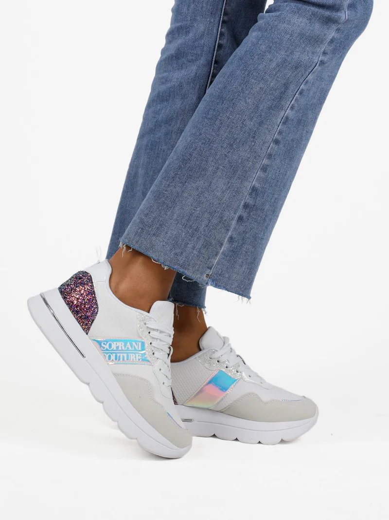 Sneakers donna glitter con platform - bianco