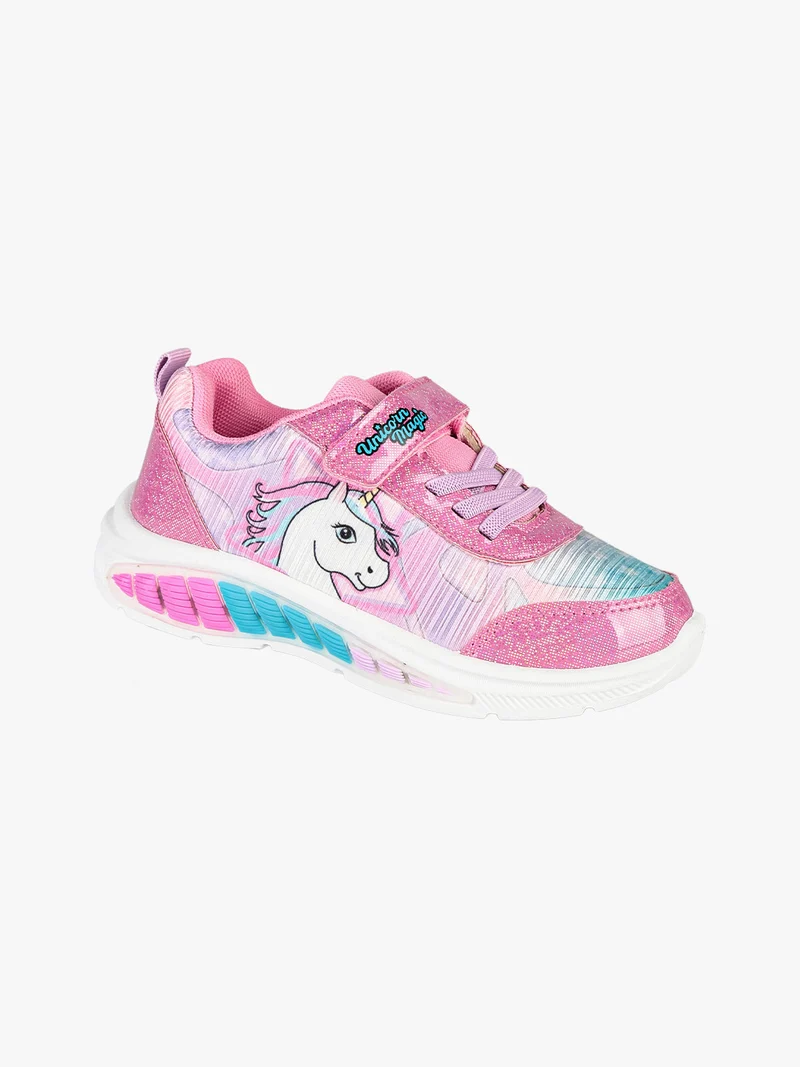 Sneakers da bambina unicorno con strappo e luci - fucsia
