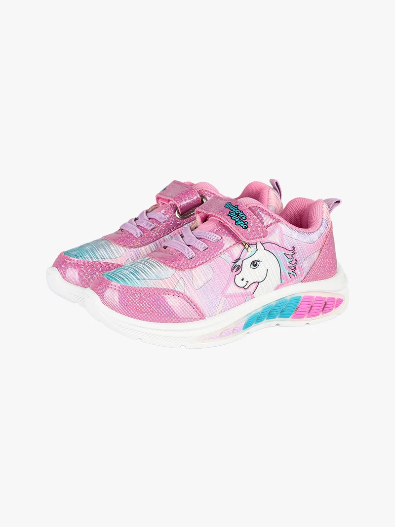 Sneakers da bambina unicorno con strappo e luci - fucsia