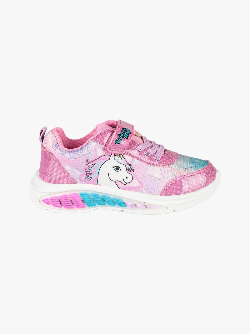 Sneakers da bambina unicorno con strappo e luci - fucsia