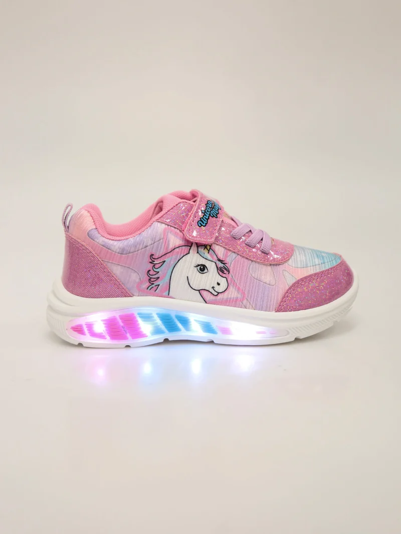 Sneakers da bambina unicorno con strappo e luci - fucsia