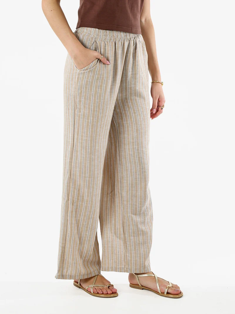 Pantaloni donna a righe in misto lino - khaki