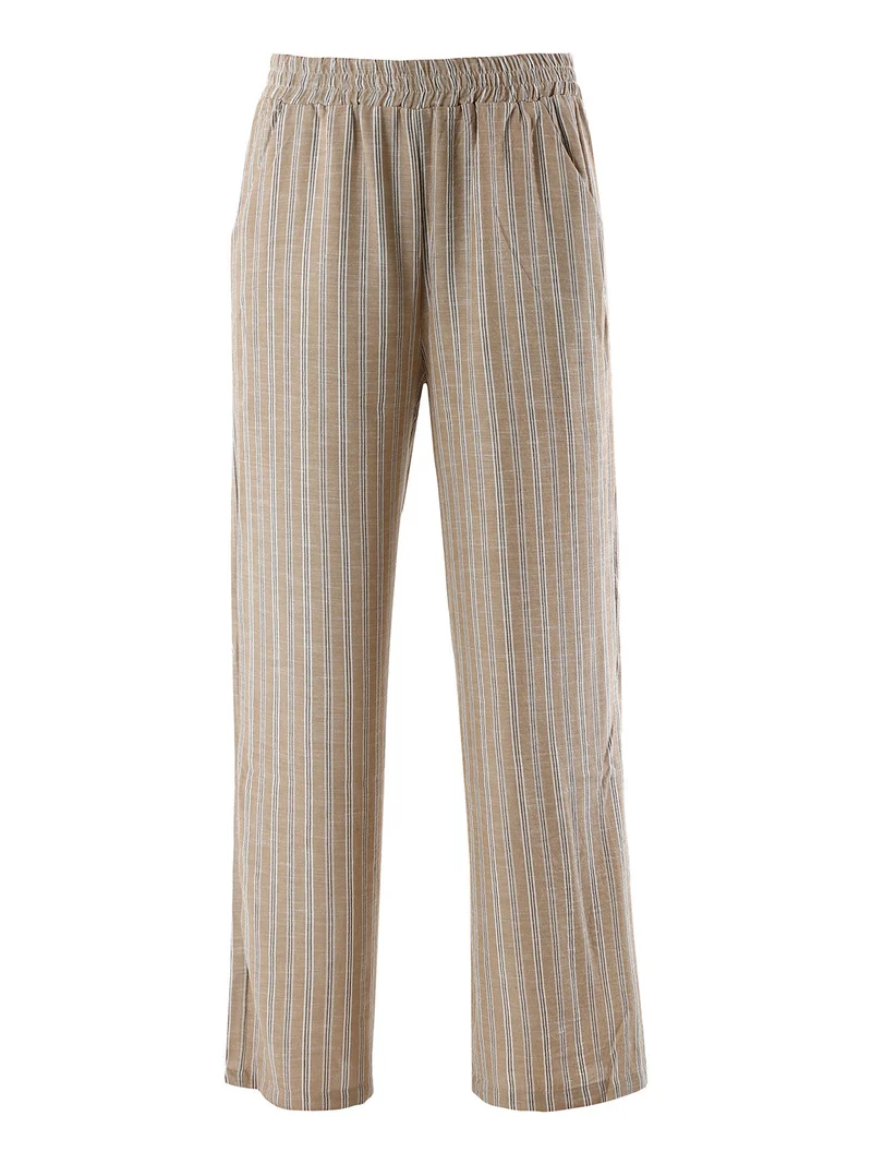 Pantaloni donna a righe in misto lino - khaki