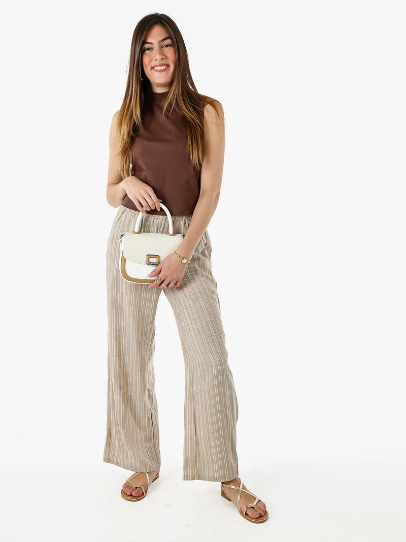 Pantaloni donna a righe in misto lino - khaki