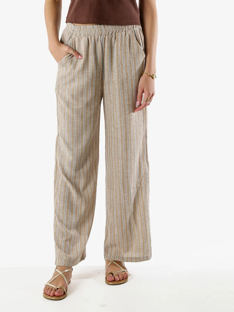 Pantaloni donna a righe in misto lino - khaki