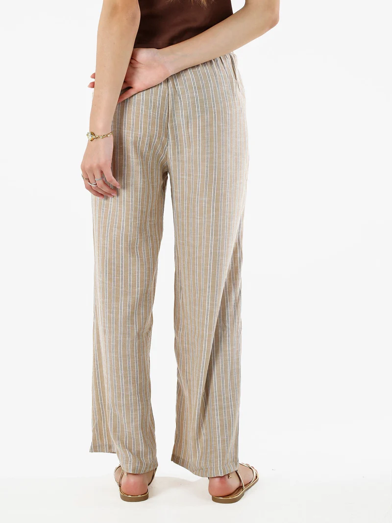 Pantaloni donna a righe in misto lino - khaki