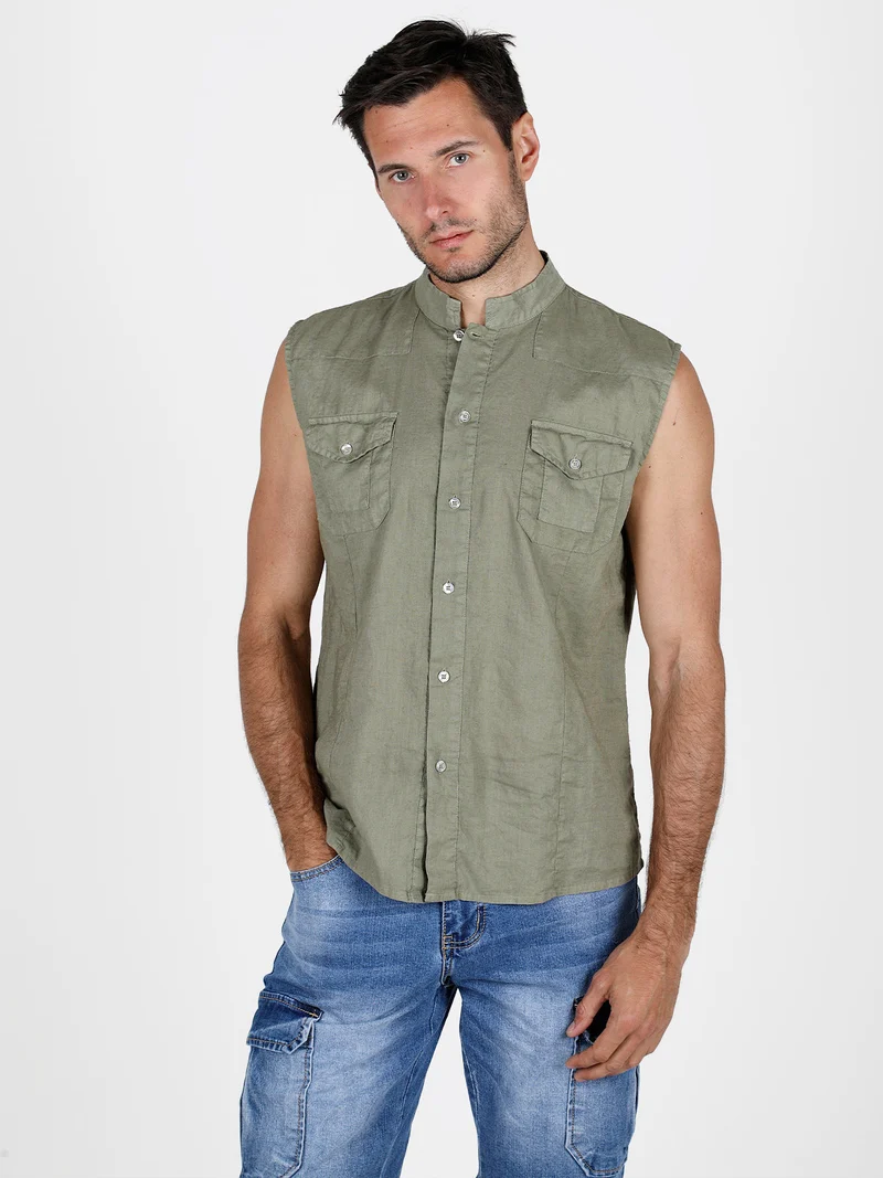 Camicia smanicata da uomo in lino - militare