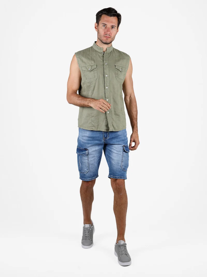 Camicia smanicata da uomo in lino - militare