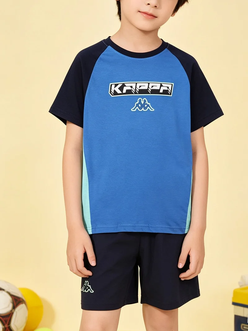 Completo corto da ragazzo in cotone con logo - blu