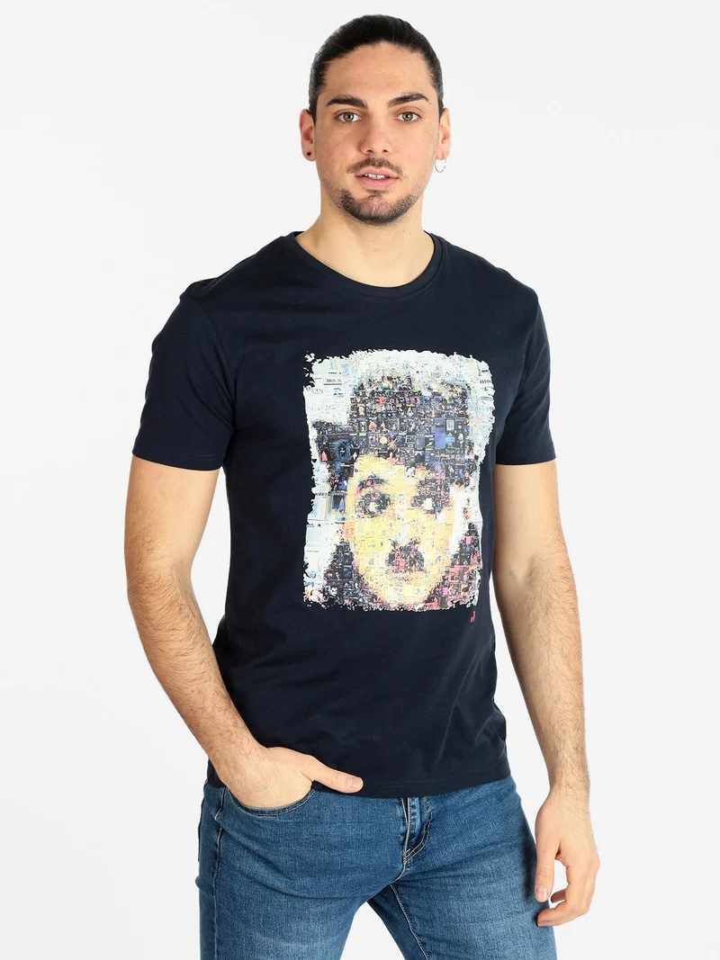 T-shirt manica corta uomo con stampa - blu scuro