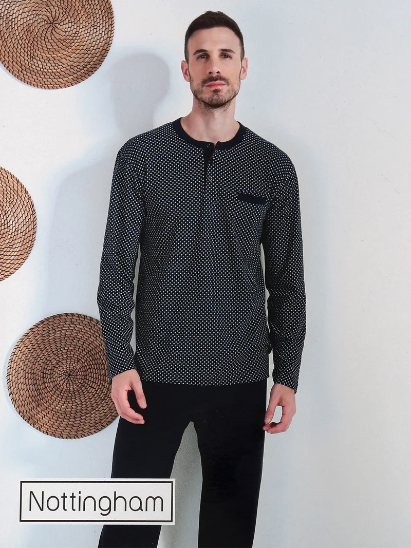 Pigiama lungo da uomo in cotone con taschino - blu scuro