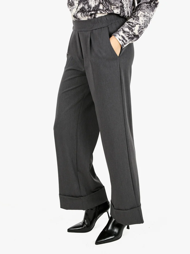 Pantaloni donna a gamba larga con risvolto - grigio scuro
