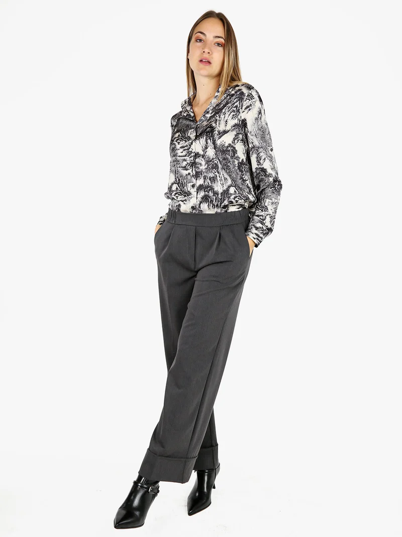 Pantaloni donna a gamba larga con risvolto - grigio scuro