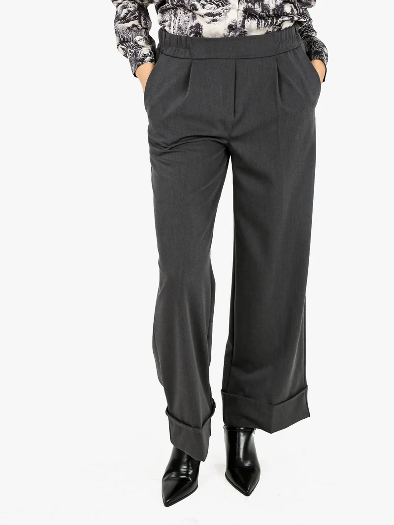 Pantaloni donna a gamba larga con risvolto - grigio scuro