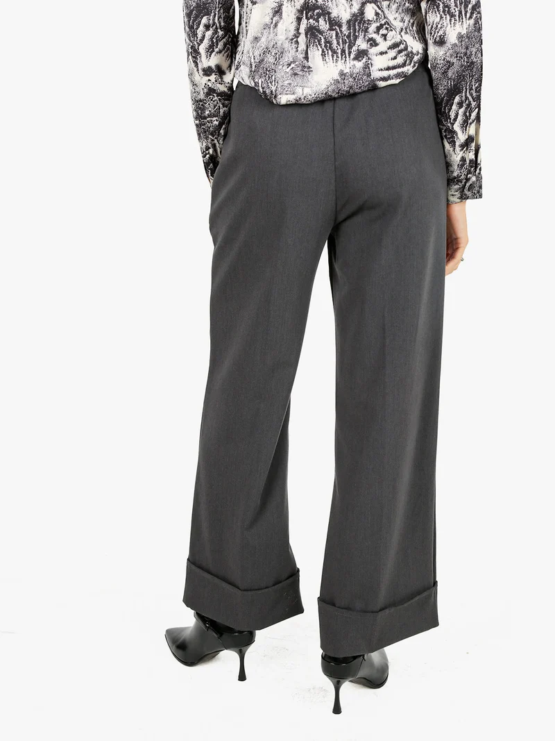Pantaloni donna a gamba larga con risvolto - grigio scuro