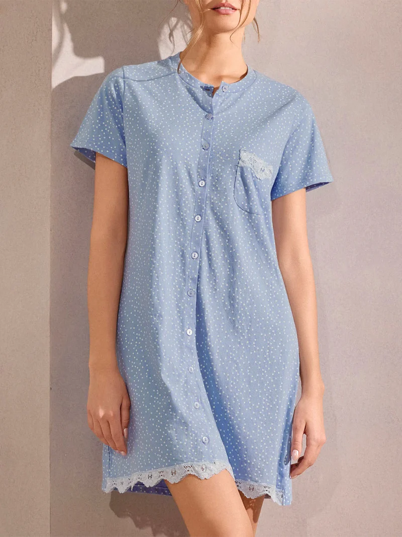 DOTLOVE camicia da notte in cotone a maniche corte con taschino - cielo