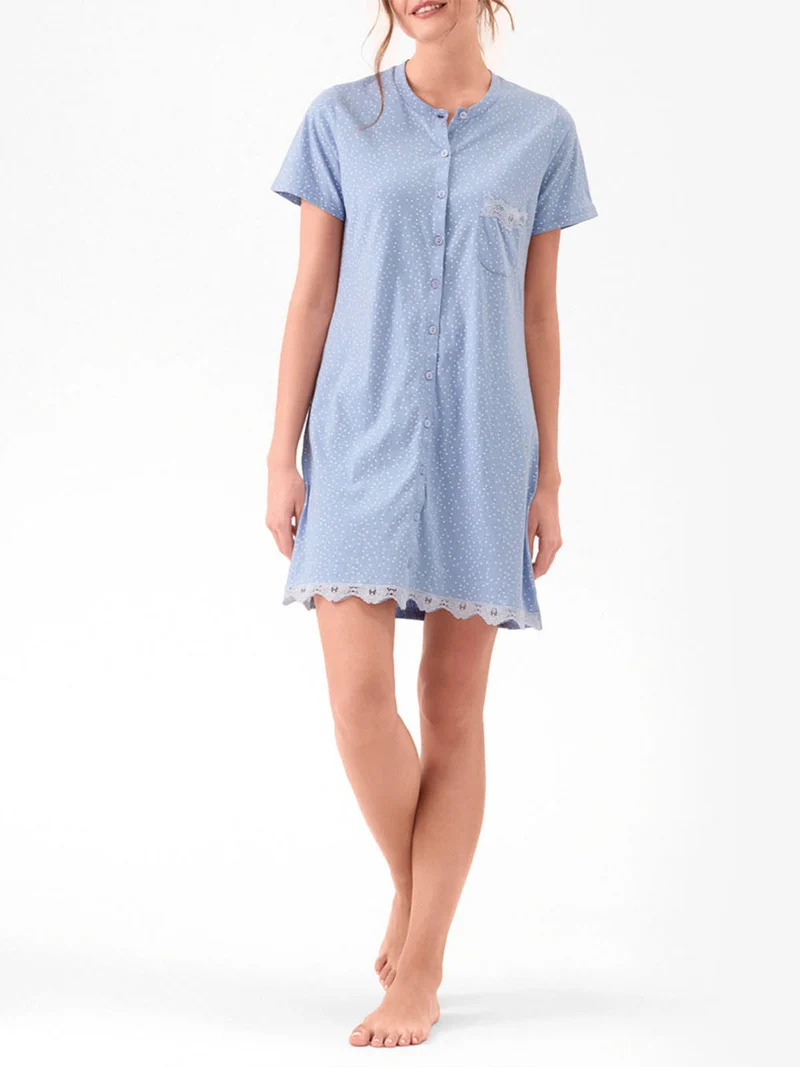 DOTLOVE camicia da notte in cotone a maniche corte con taschino - cielo