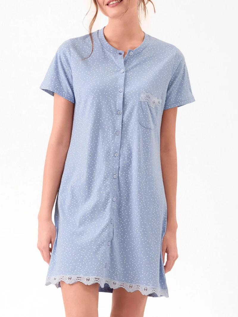 DOTLOVE camicia da notte in cotone a maniche corte con taschino - cielo
