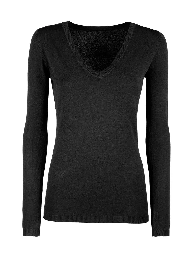 Pullover donna in maglia scollo V - nero
