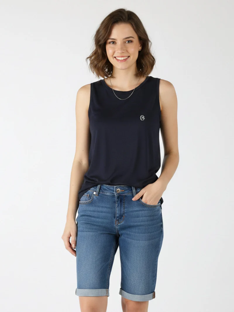 Canotta girocollo da donna con logo di strass - blu scuro