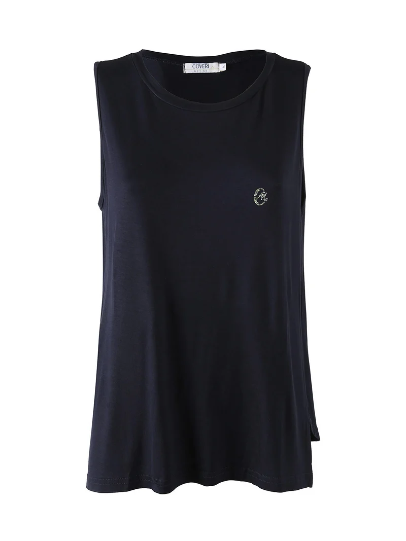 Canotta girocollo da donna con logo di strass - blu scuro
