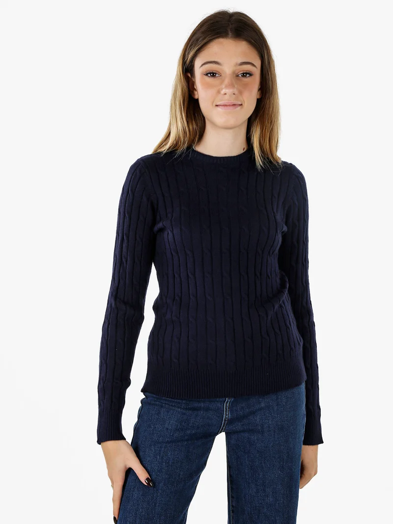 Maglione girocollo da donna a trecce - blu scuro