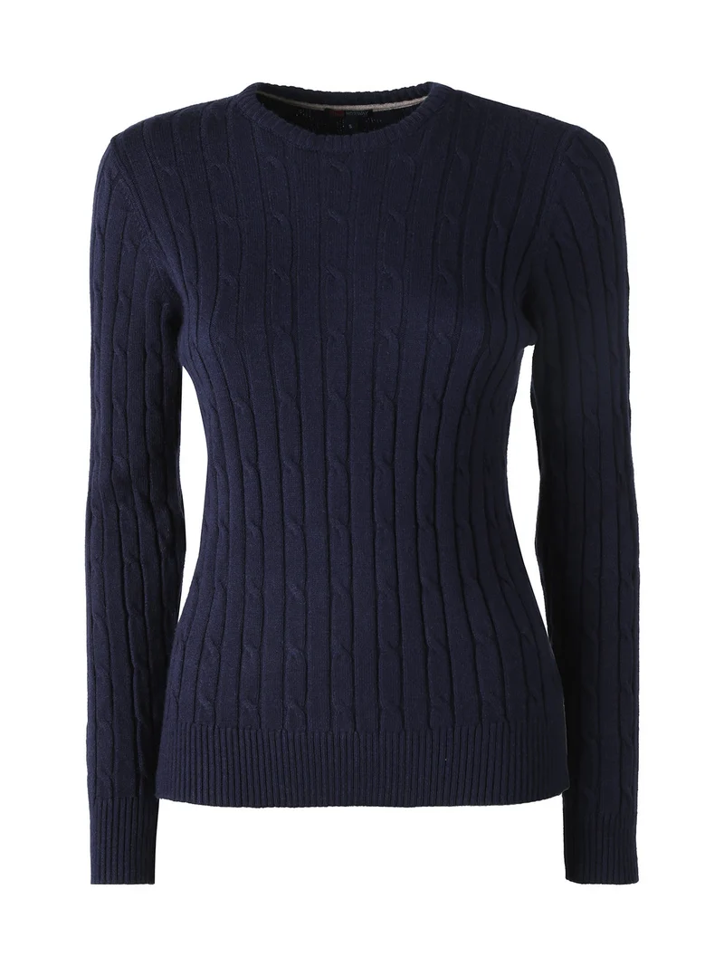 Maglione girocollo da donna a trecce - blu scuro