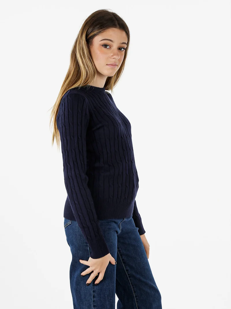 Maglione girocollo da donna a trecce - blu scuro