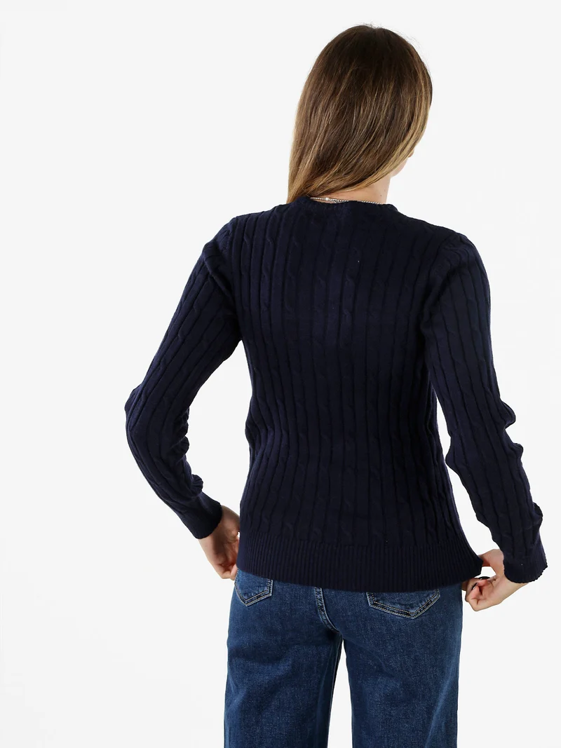 Maglione girocollo da donna a trecce - blu scuro