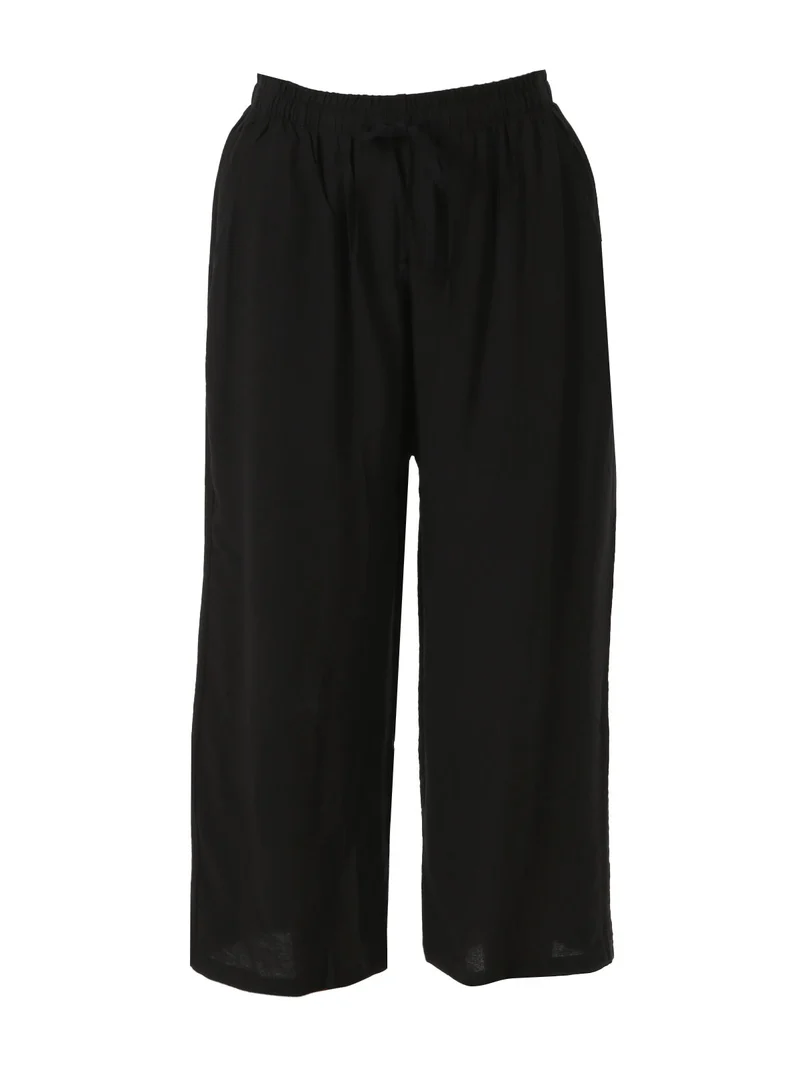 Pantaloni donna cropped a gamba larga con coulisse - nero