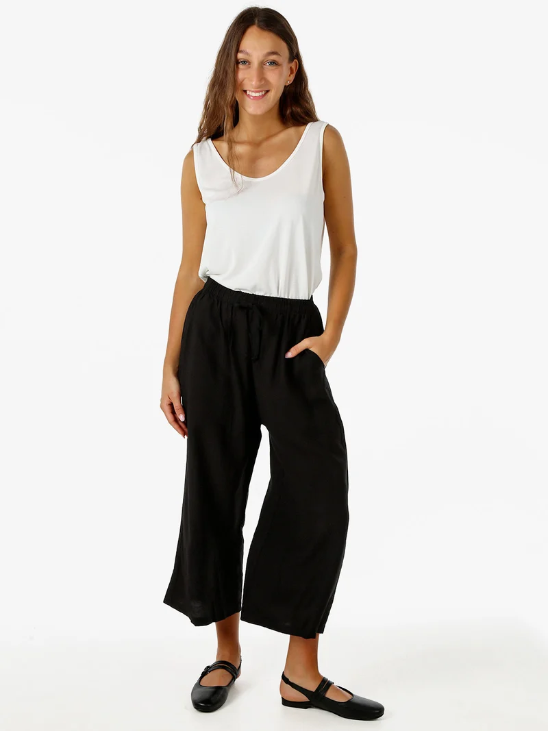 Pantaloni donna cropped a gamba larga con coulisse - nero