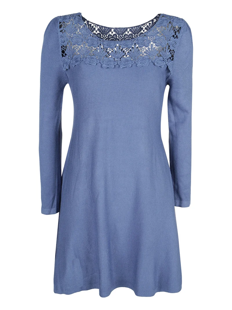 Vestito da donna a maniche lunghe con scollo in pizzo macramè - blu