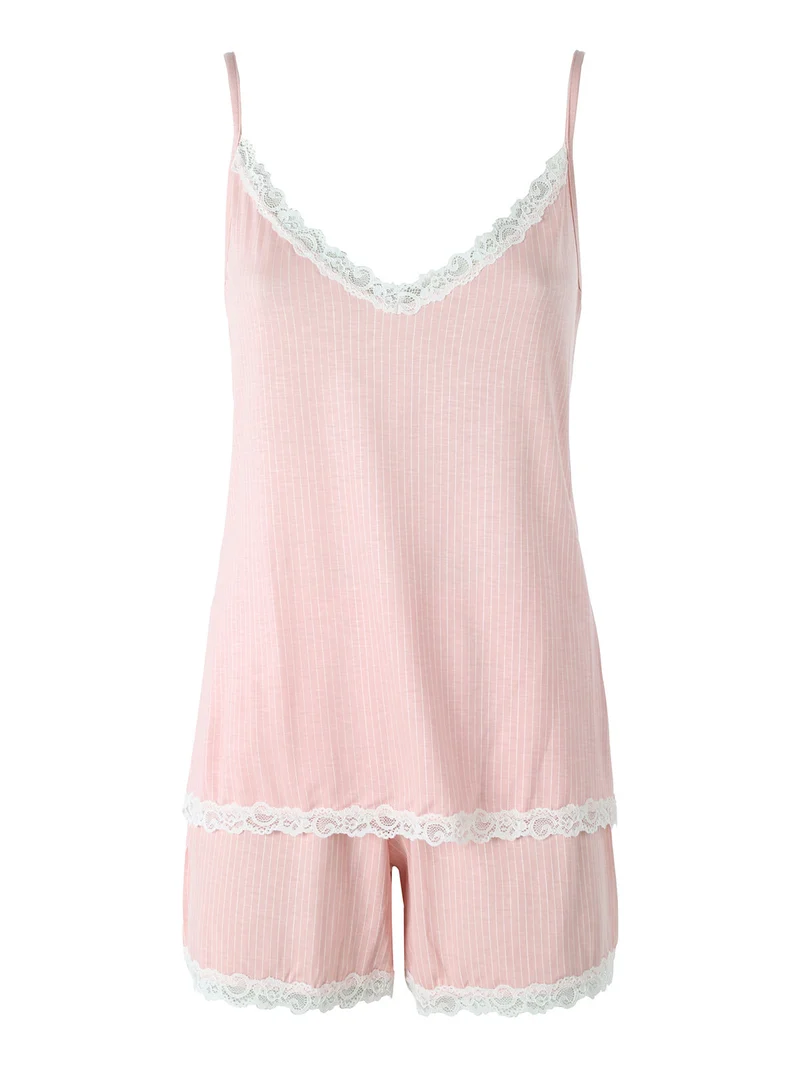Pigiama corto da donna in fibre di bambù con pizzo - rosa