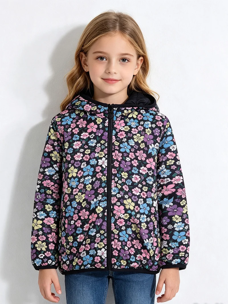Giubbino 100 grammi da bambina reversibile con cappuccio e zip - blu scuro