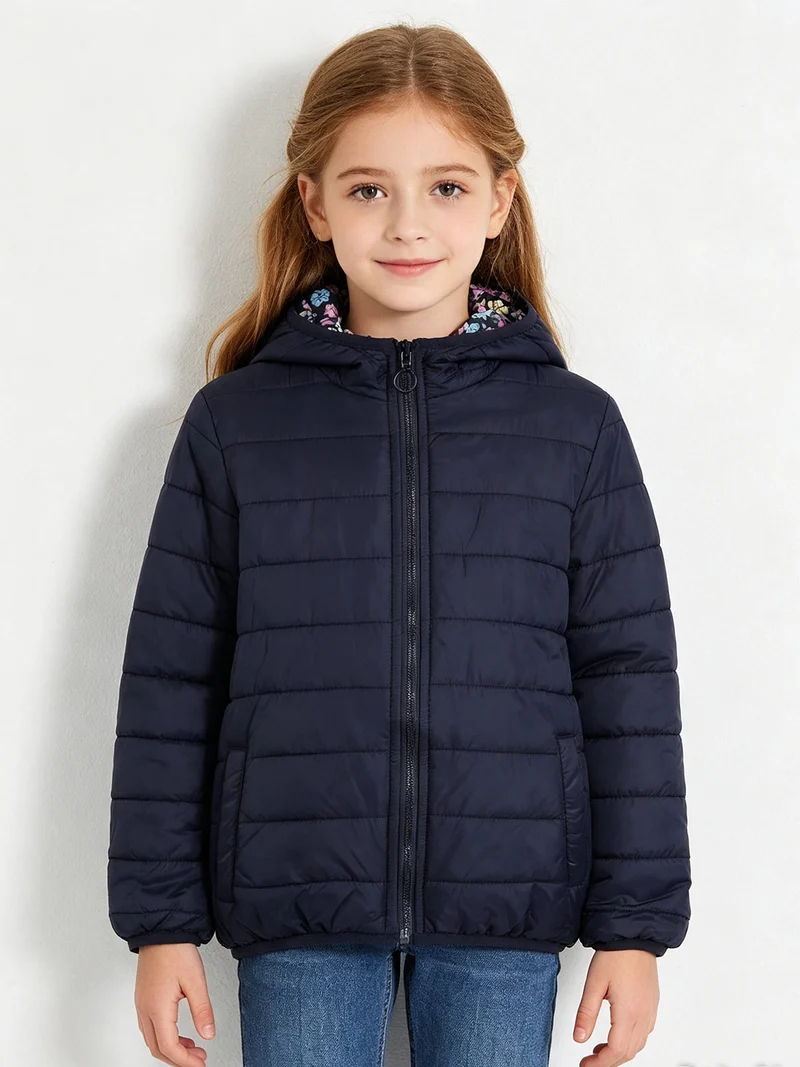 Giubbino 100 grammi da bambina reversibile con cappuccio e zip - blu scuro
