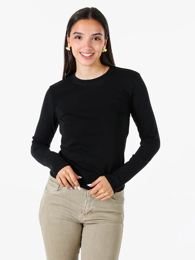 T-shirt girocollo da donna a maniche lunghe con interno spazzolato - nero