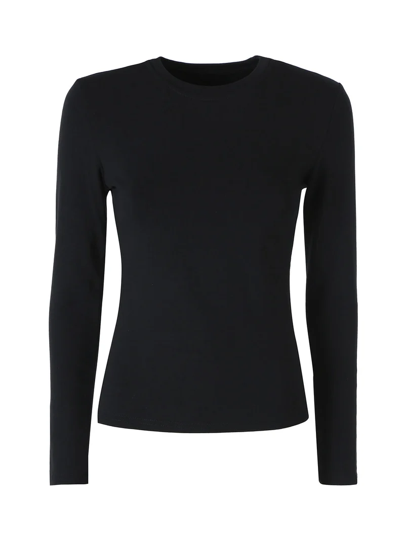 T-shirt girocollo da donna a maniche lunghe con interno spazzolato - nero