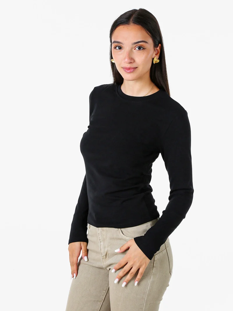 T-shirt girocollo da donna a maniche lunghe con interno spazzolato - nero